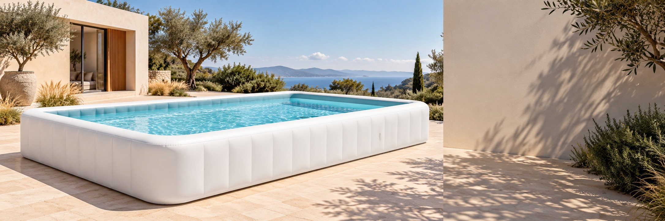Image conceptuelle originale d’une piscine gonflable rectangulaire sur une terrasse en pierre