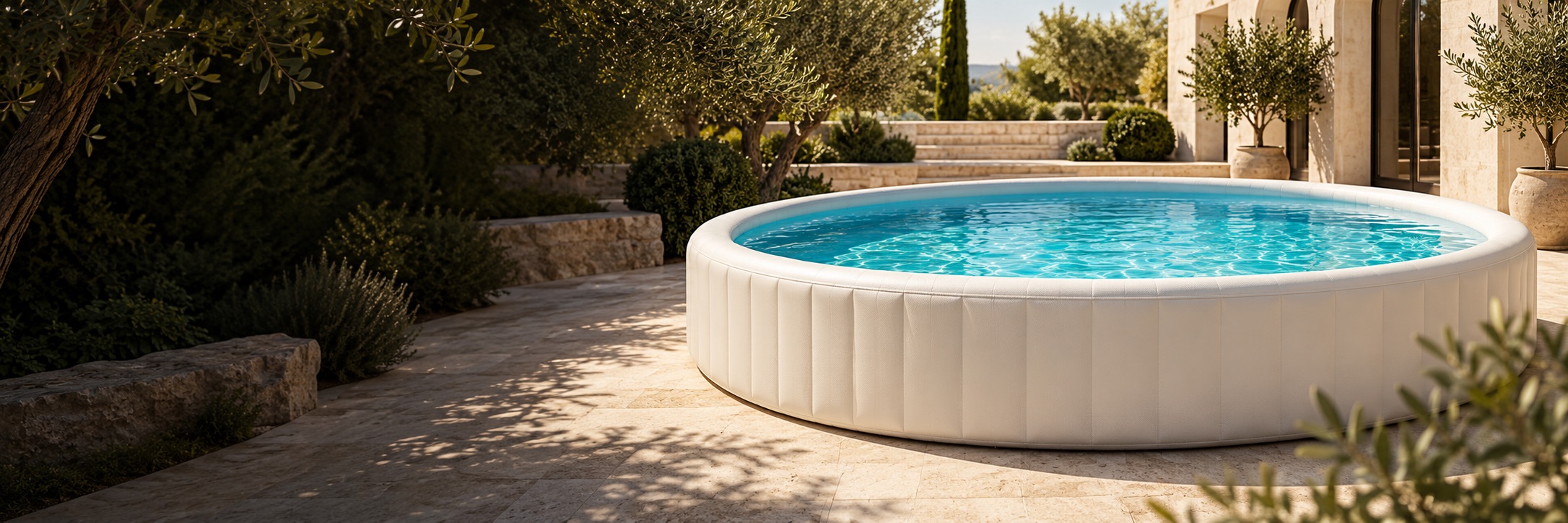 Image conceptuelle originale d’une piscine gonflable ronde dans un jardin ensoleillé