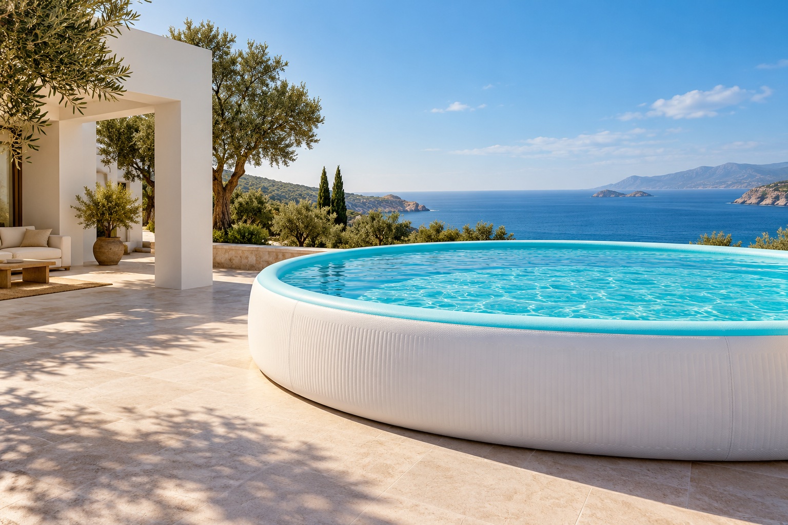 Original concept of a round inflatable pool on a sunny terrace